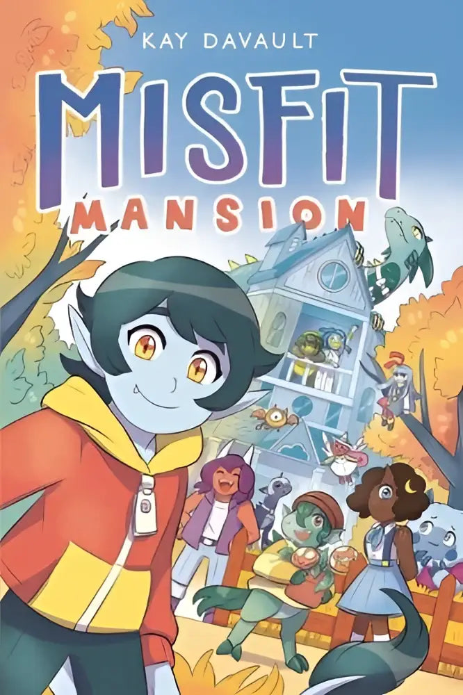 De cover van het kinderboek misfit mansion door kay davault toont een kleurrijke illustratie met fantasierijke cartoonfiguren voor jonge lezers