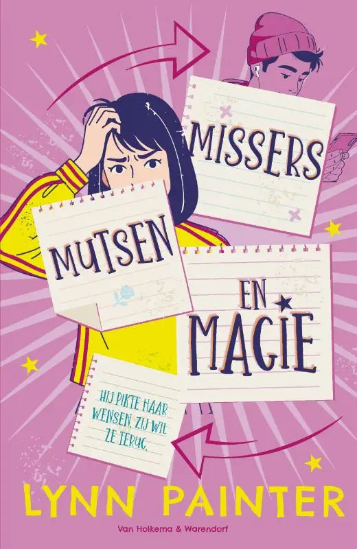 De felle roze cover van het nederlandstalig jeugdboek missers, mutsen en magie van lynn painter toont twee cartoonfiguren met papier en de titel misers