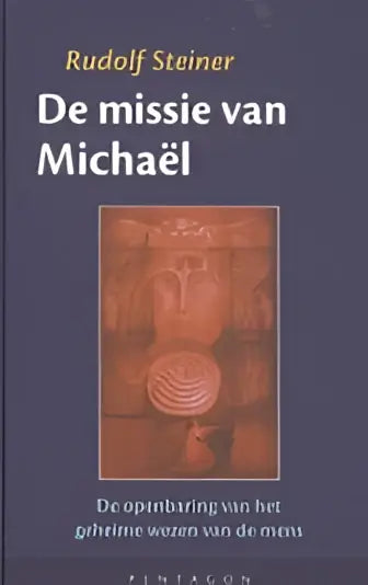 Boekcover van de missie van michael met donkere blauwe achtergrond en oranje klassieke zuilen centraal afgebeeld