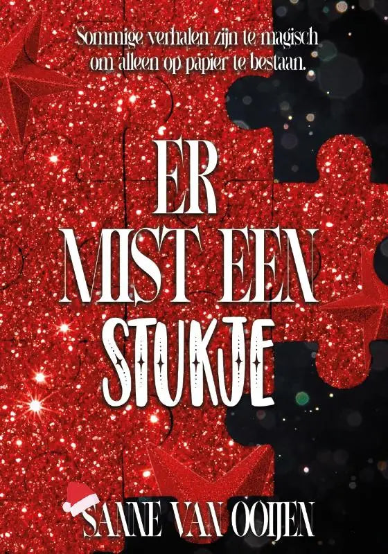 Boek er mist een stukje met rode glinsterende puzzelstukomslag witte tekst en santahoed logo