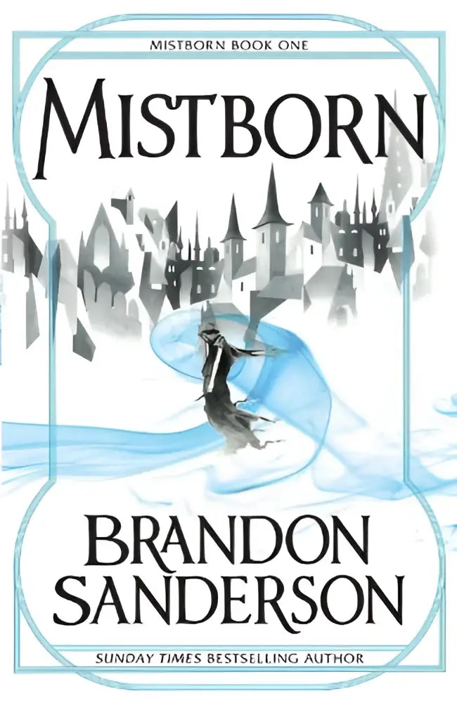 De mistborn book one cover toont een zwart-wit illustratie van een figuur in de lucht met titel en auteur zichtbaar