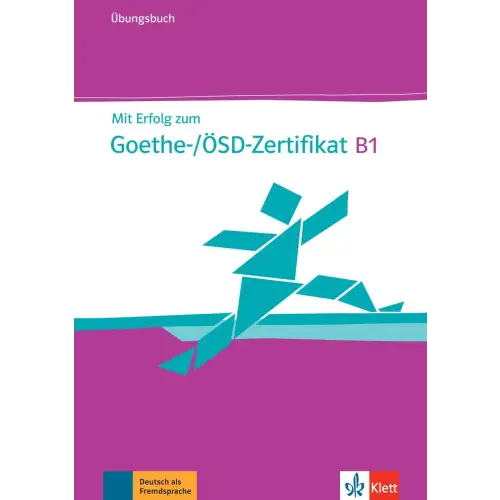 Paarse en witte werkboek Mit Erfolg zum Goethe-ÖSD-Zertifikat B1 met teal figuur, Klett