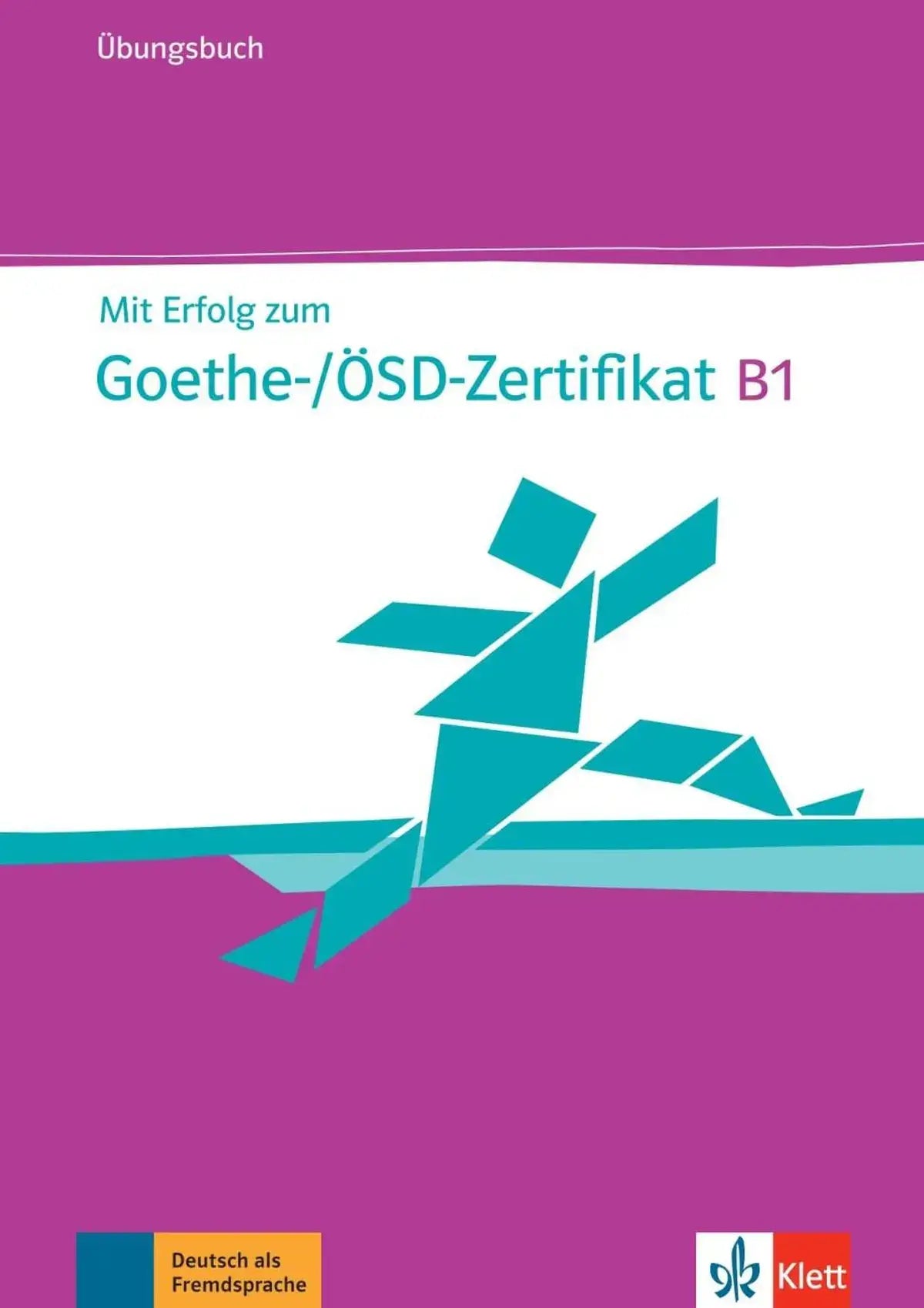 Paarse en witte werkboek Mit Erfolg zum Goethe-ÖSD-Zertifikat B1 met teal figuur, Klett