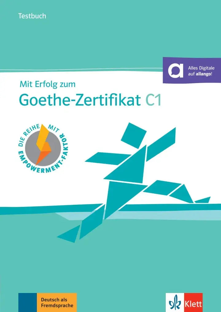 Tealkleurige testboekcover met geometrische figuur en titel mit erfolg zum goethe-zertifikat c1 van klett voor examen 2024