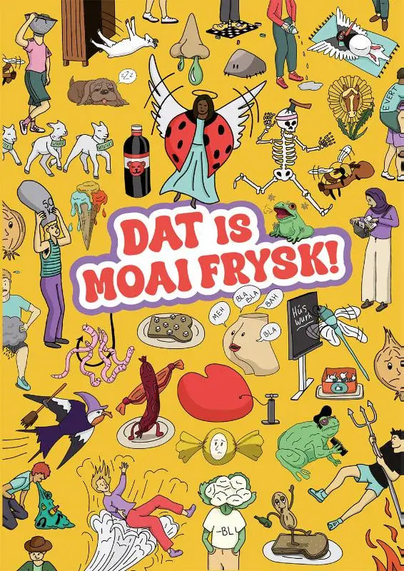 De levendige gele kaft van het boek dat is moai frisk toont een speelse cartoonstijl met verschillende personages en objecten