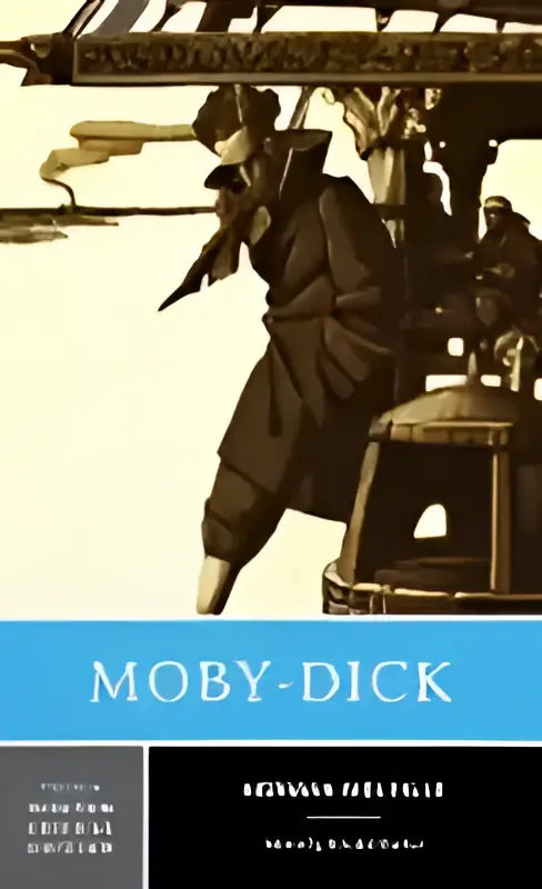 The cover of moby-dick a norton critical edition shows a sepia illustration of whale hunters with a blue ornate banner