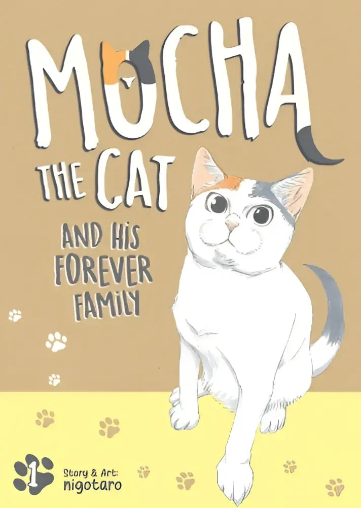 A charmant geïllustreerd boekcover met mocha the cat, een witte kat met oranje en grijze vlekken, over forever family