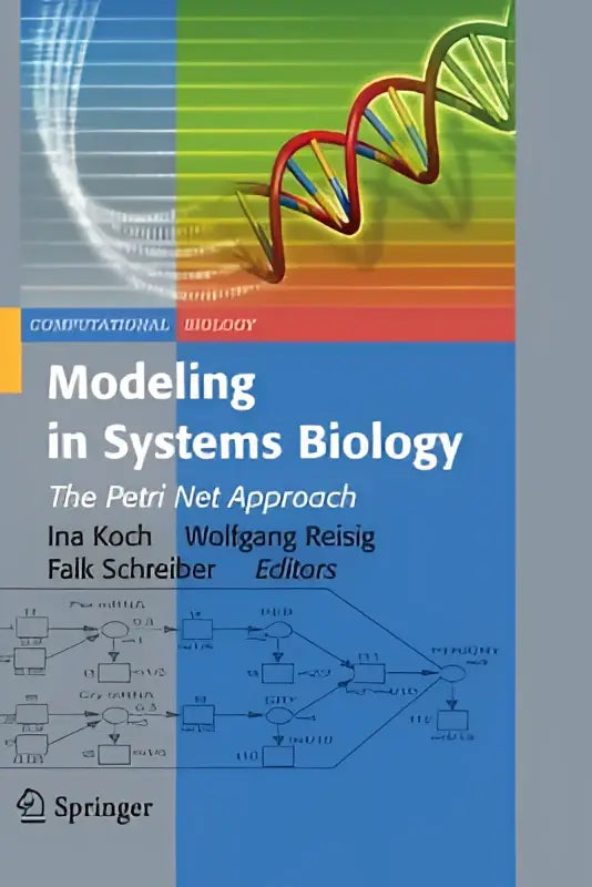 Boek over systems biology met een kleurrijke dna helix en de petri net benadering voor computationele biologie