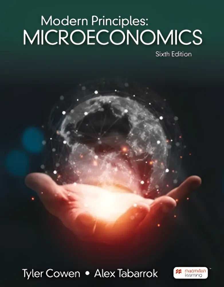 De cover van modern principles of microeconomics zesde editie toont een gloeiende digitale globe in handen tegen een donkere achtergrond