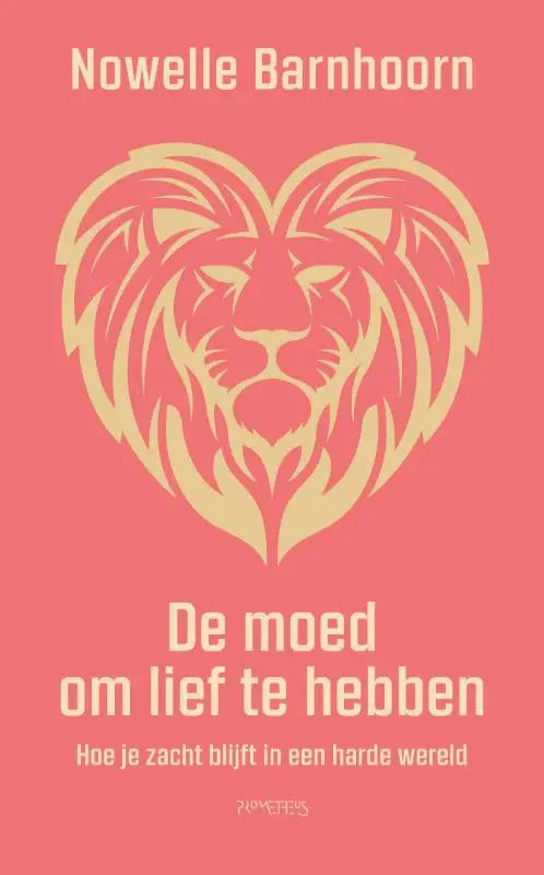 Een stylized gouden leeuwenkop ontworpen in een hartvorm op een zalmroze achtergrond voor nowelle barnhoorn zachte wereld