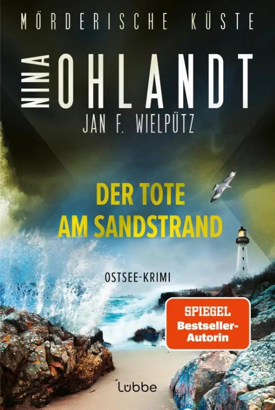 Het boek mörderische küste toont een witte vuurtoren met zwarte lantaarnkamer op rotsachtige kust bij stormachtige zee