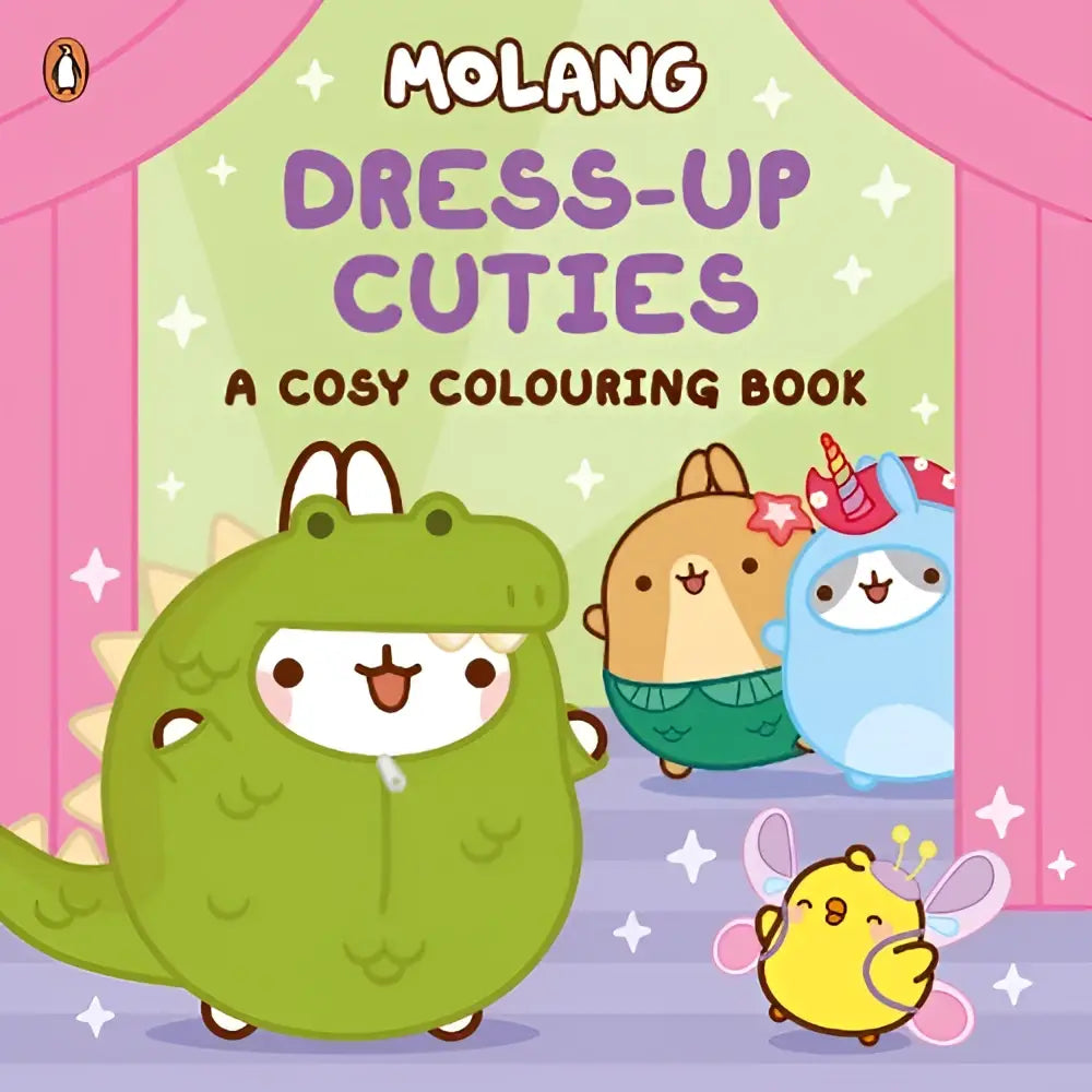 Groene dinosaurus molang op de voorkant van molang dress-up cuties een cosy colouring book voor kinderen