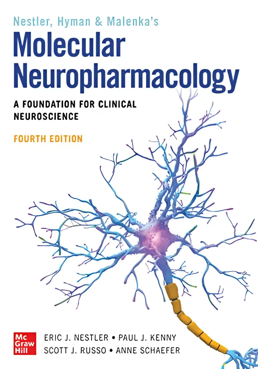 Cover van molecular neuropharmacology vierde editie met een gestileerde blauwe en paarse neuronillustratie voor neurologische en psychiatrische aandoeningen