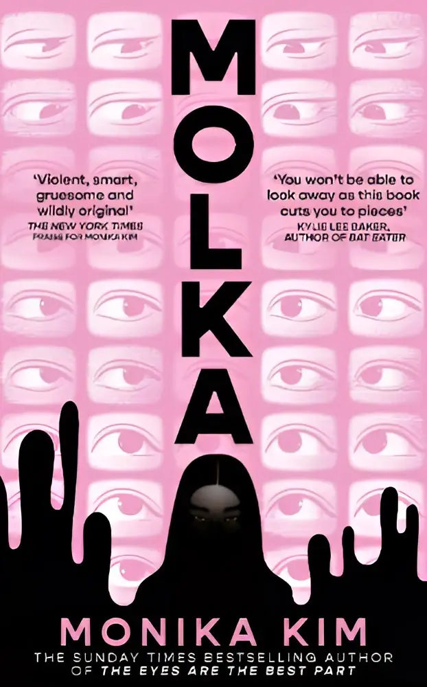Roze boekcover van de hotly anticipated new novel molkka met zwarte letters en patroon van ogen en handen