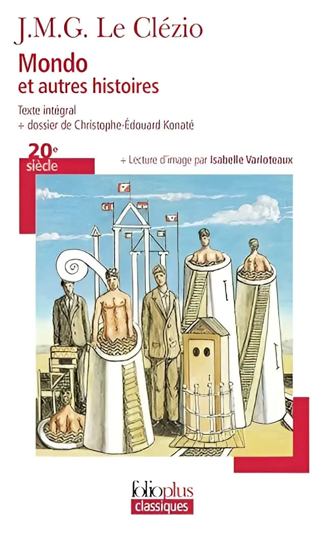 De cover van Mondo et autres histoires toont gestileerde figuren in witte en beige kledij voor surrealistische torens