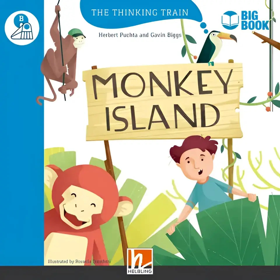 Grootboek Monkey Island met houten bord, apen en jungle