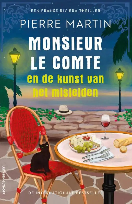 Rood gevlochten monsieur le comte stoel met een zwarte kat zittend voor de kunst van het misleiden