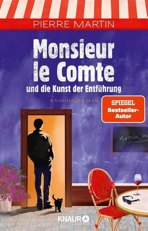 De boekcover van monsieur le comte und die kunst der entführung toont witte tekst op paarse achtergrond met silhouet man en rode stoel