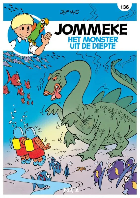 Cover van het stripalbum het monster uit de diepte met groene cartoonachtige dinosaurus en spitse rug jef nys strips algemeen