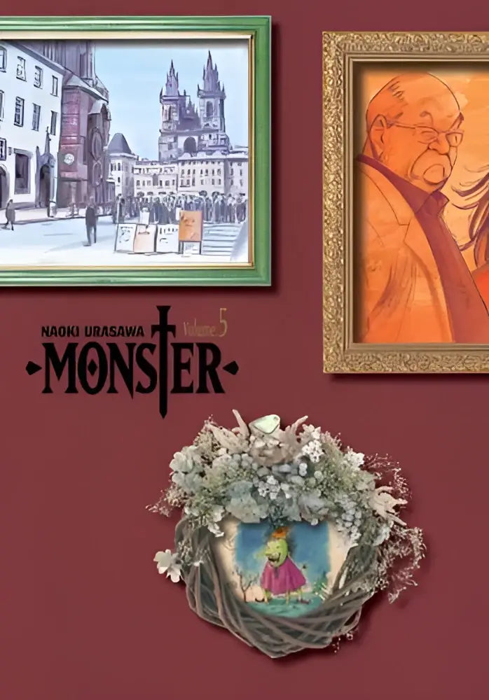Een delicaat rond krans van gevlochten twijgen en witte bloemen omlijst een illustratie van een personage in een roze jurk op monster the perfect edition vol 5