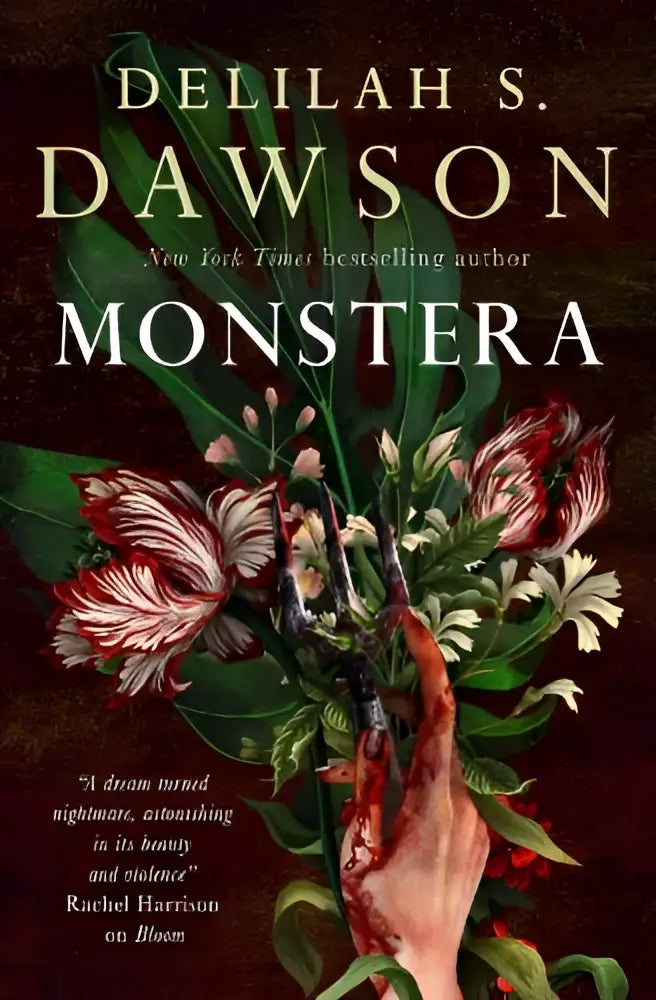 The book cover of monstera by titan books ltd shows a hand cutting lush green leaves and red pink white flowers with scissors