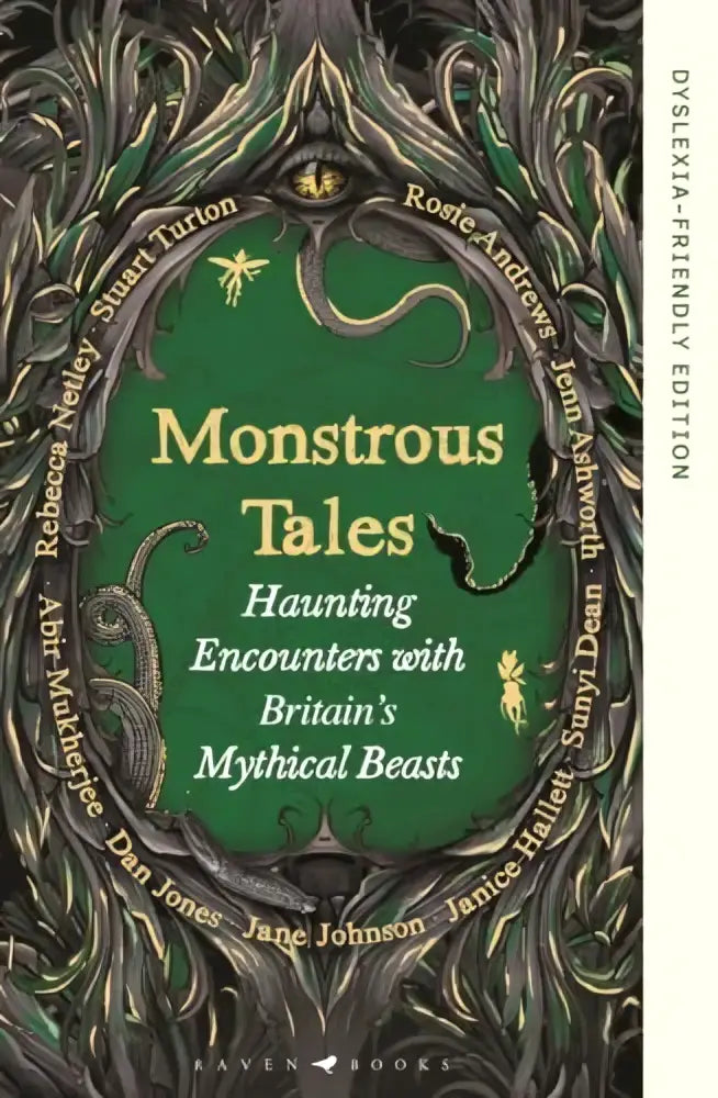 Groen boekomslag met zwarte en gouden illustraties van mythische wezens en de titel monstrous tales in geel voor dyslexia-friendly edition