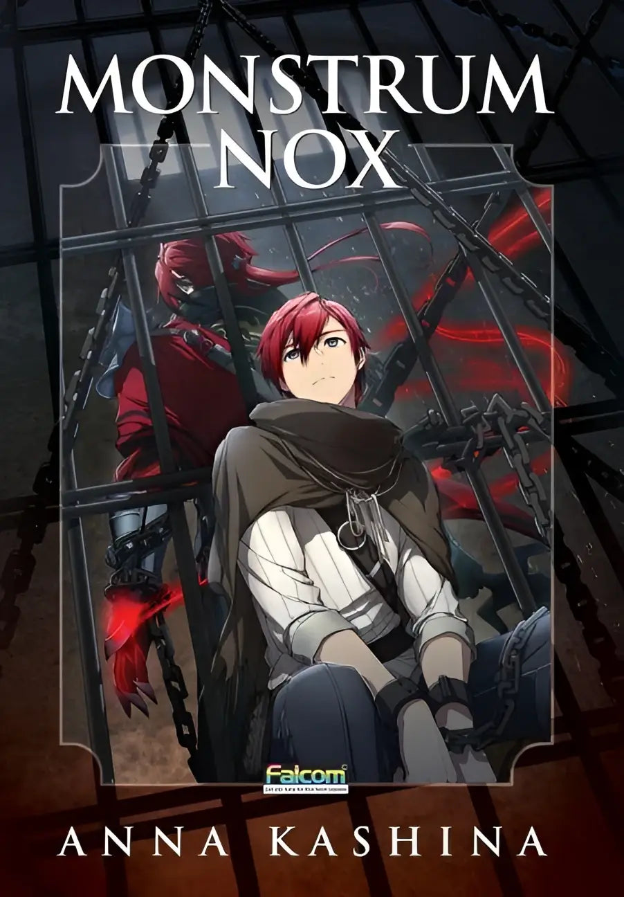 De cover van het boek Monstrum Nox door Anna Kashina toont een roodharig personage in witte en grijze kleding achter kettingen