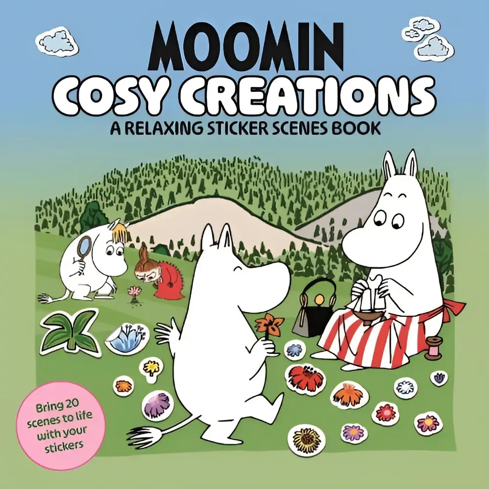 Moomin cosy creations sticker scenes book with white moomins in a green landscape and colorful floral stickers