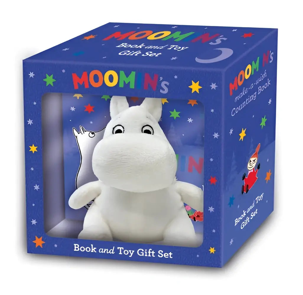 Witte pluche moomin knuffel met zachte ronde kenmerken en zwarte knoopogen in make a wish wish book and set