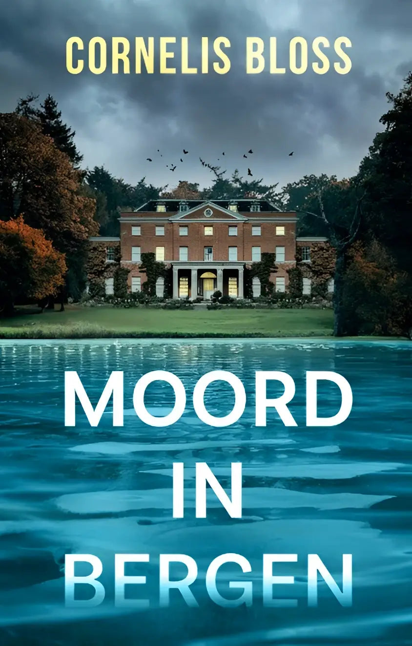 De boekcover van moord in bergen de zeven prinsen toont een groot roodstenen herenhuis met witte zuilen en herfstlandschap