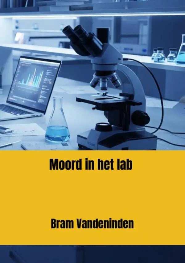 Een moderne microscoop van zwart en zilver materiaal staat op een laboratoriumbank in moord in het lab
