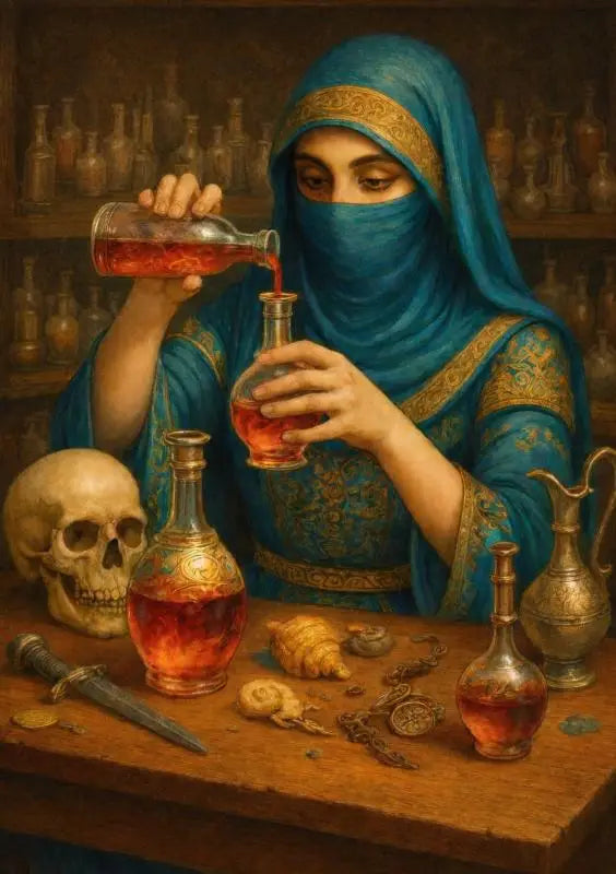 Vrouw in blauwe geborduurde kimono giet rode vloeistof tussen glazen flessen omringd door alchemistische voorwerpen oude rome