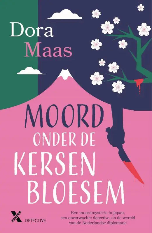 Boekcover van moord onder de kersenbloesem met gestileerde kersenbloesems en bergen op roze groen en blauw achtergrond
