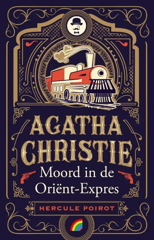 Vintage stijl boekcover moord in de orient expres met rood en crèmekleurig stoomlocomotiefillustratie en goudornamenten op marineblauwe achtergrond
