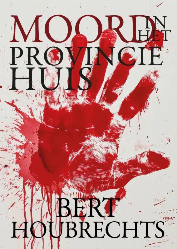 Boekcover moord in het provinciehuis met opvallende rode handafdruk als grafisch element