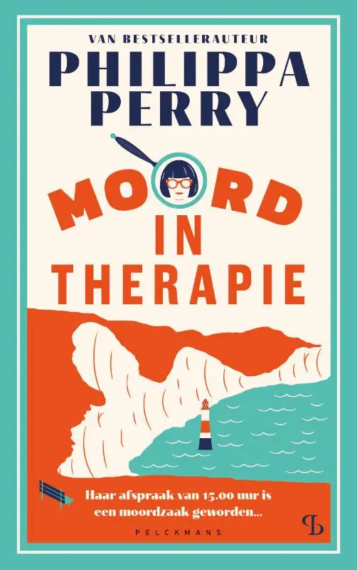 Boekcover van Moord in therapie door Philippa Perry met oranje en marineblauwe tekst en illustraties van kliffen en vuurtoren