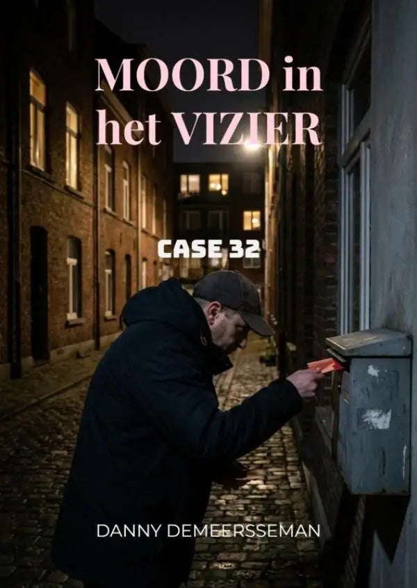 De boekcover van moord in het vizier case 32 toont een man in donkere jas en pet die een oranje envelop in een grijze brievenbus steekt