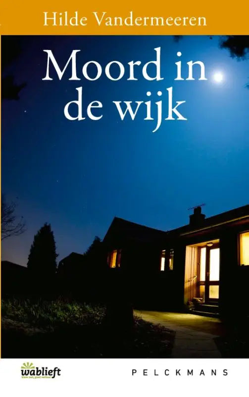 De boekcover van moord in de wijk door hilde vandermeeren toont een donkerblauwe nacht met maan en verlichte ramen