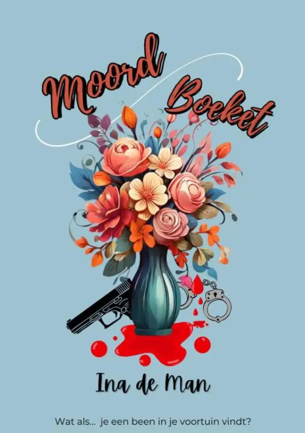 Moordboeket met teal keramieke vaas gevuld met een kleurrijk boeket roze, oranje en crèmekleurige bloemen