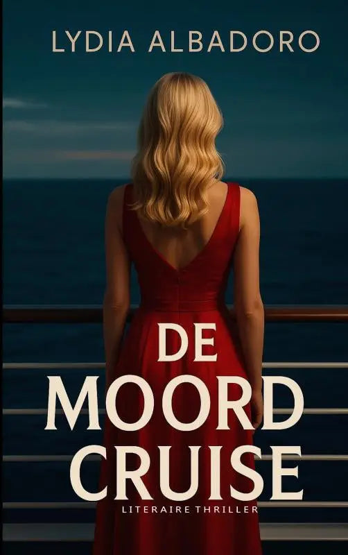 Een vrouw met golvend blond haar draagt een diep rood, mouwloos jurkje met lage rug van brave new books in de moordcruise van lydia albadoro
