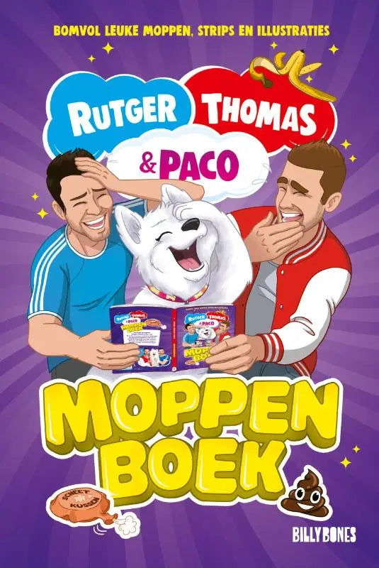 Een levendige paarse boekcover van het moppenboek van populaire youtubers rutger, thomas en paco