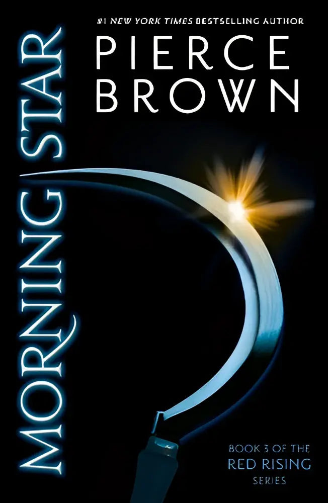 De cover van het explosief derde boek morning star in de wereldwijd bestverkochte dystopische sciencefiction serie red rising toont een metalen maansikkel met een geel stervormig lichtpunt