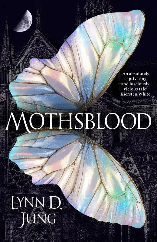 Iridescente blauwe en witte vlindervleugels met fijne aderen tegen een gotische kathedraal voor binnen fantasy pre order mothsblood