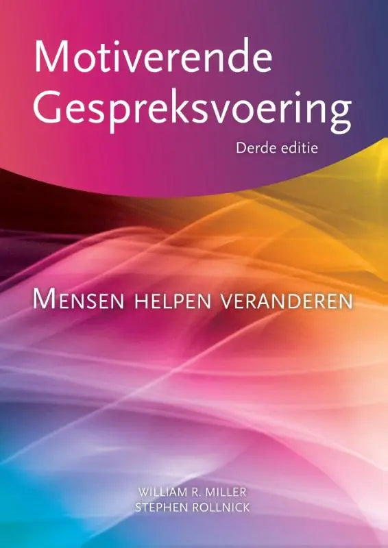 Het boek motiverende gespreksvoering van stephen rollnick toont een kleurrijk omslag met abstracte golven in roze, paars, oranje en blauw