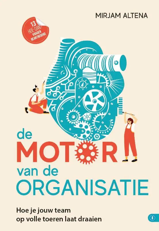 De motor van de organisatie boek met een stijlvol teal motorhart dat laat zien hoe je je team op volle toeren laat draaien