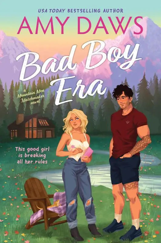 De boekomslag van mountain men matchmaker bad boy era toont een levendige illustratie van twee personages buiten met de titel bad boy era van amy daws