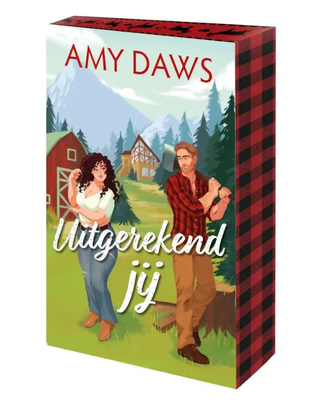 Rode en zwarte geruite boekomslag van mountain men matchmaker met geïllustreerd paar in landelijke setting door amy daws