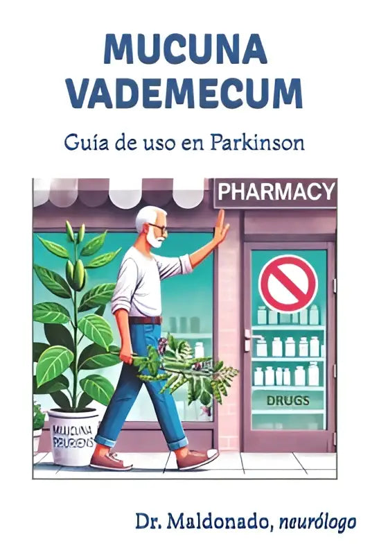 De mucuna vademecum illustratie toont een man in blauwe jeans en wit shirt met een plant bij een apotheek