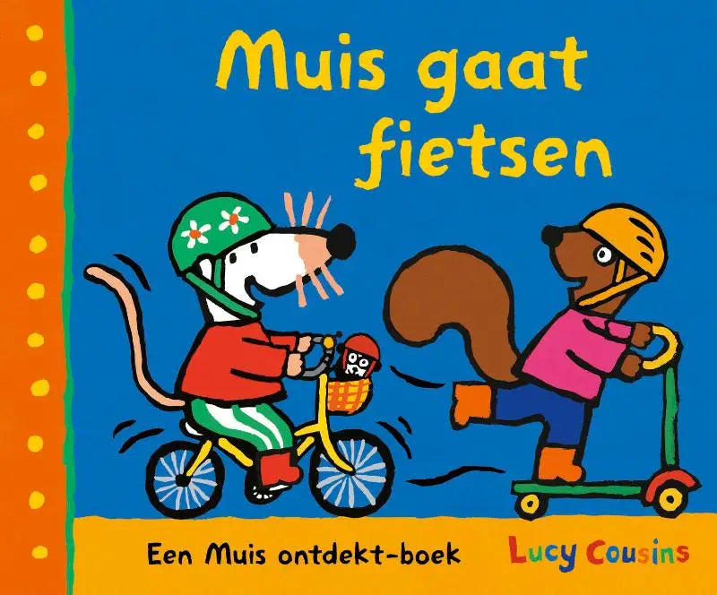 Vrolijke kinderboekcover van muis gaat fietsen met cartoonmuis op gele fiets en eekhoorn op groene step