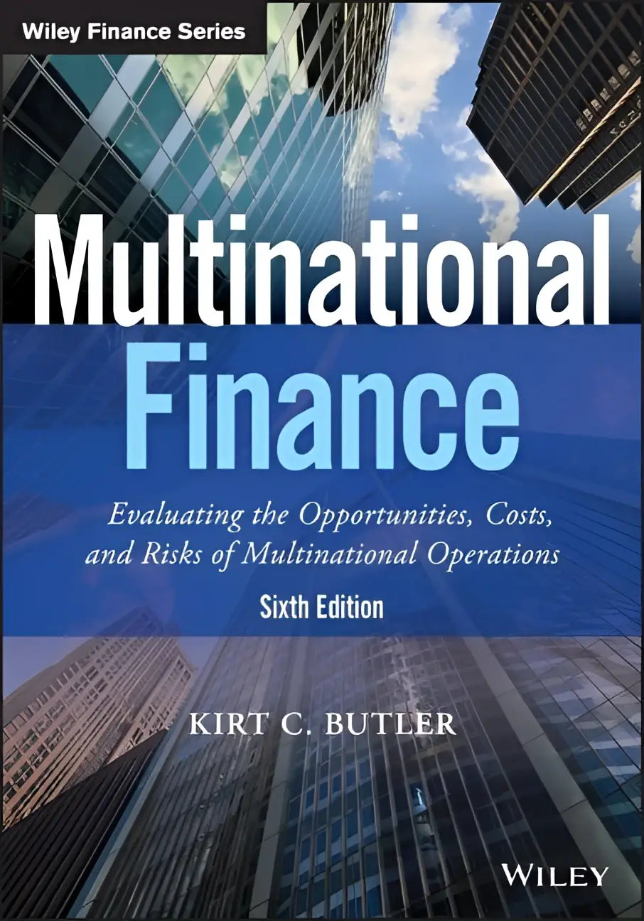 Multinational finance textbook with blue and white cover featuring modern skyscrapers evaluating the opportunities in international corporate finance